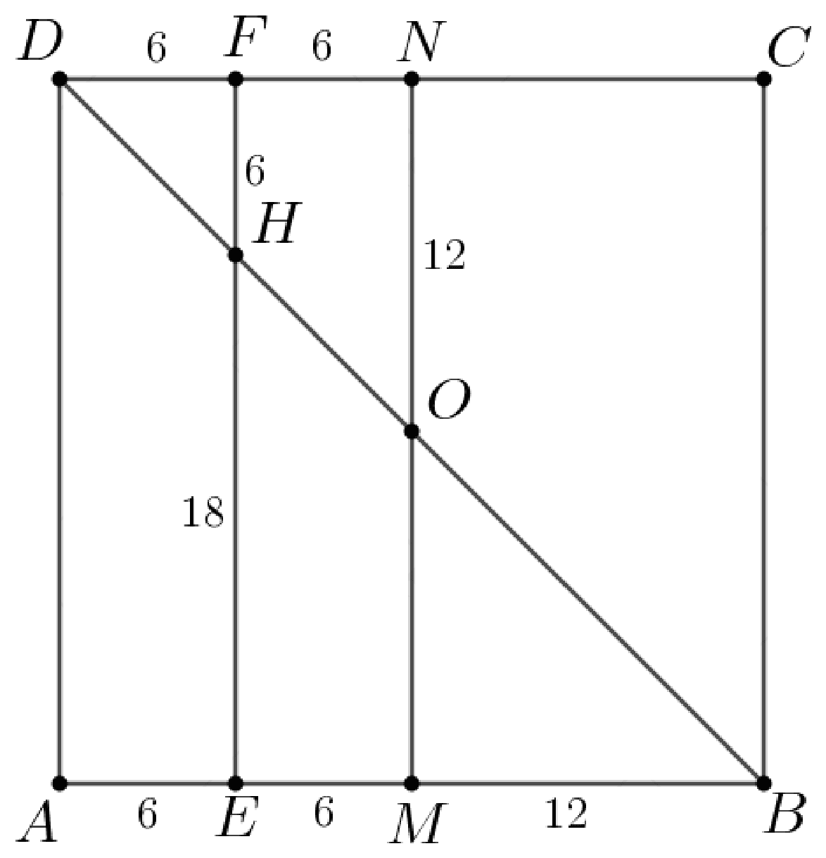 План основания №14.3: квадрат ABCD, EH=18, EM=6, отсюда HM=6√10.