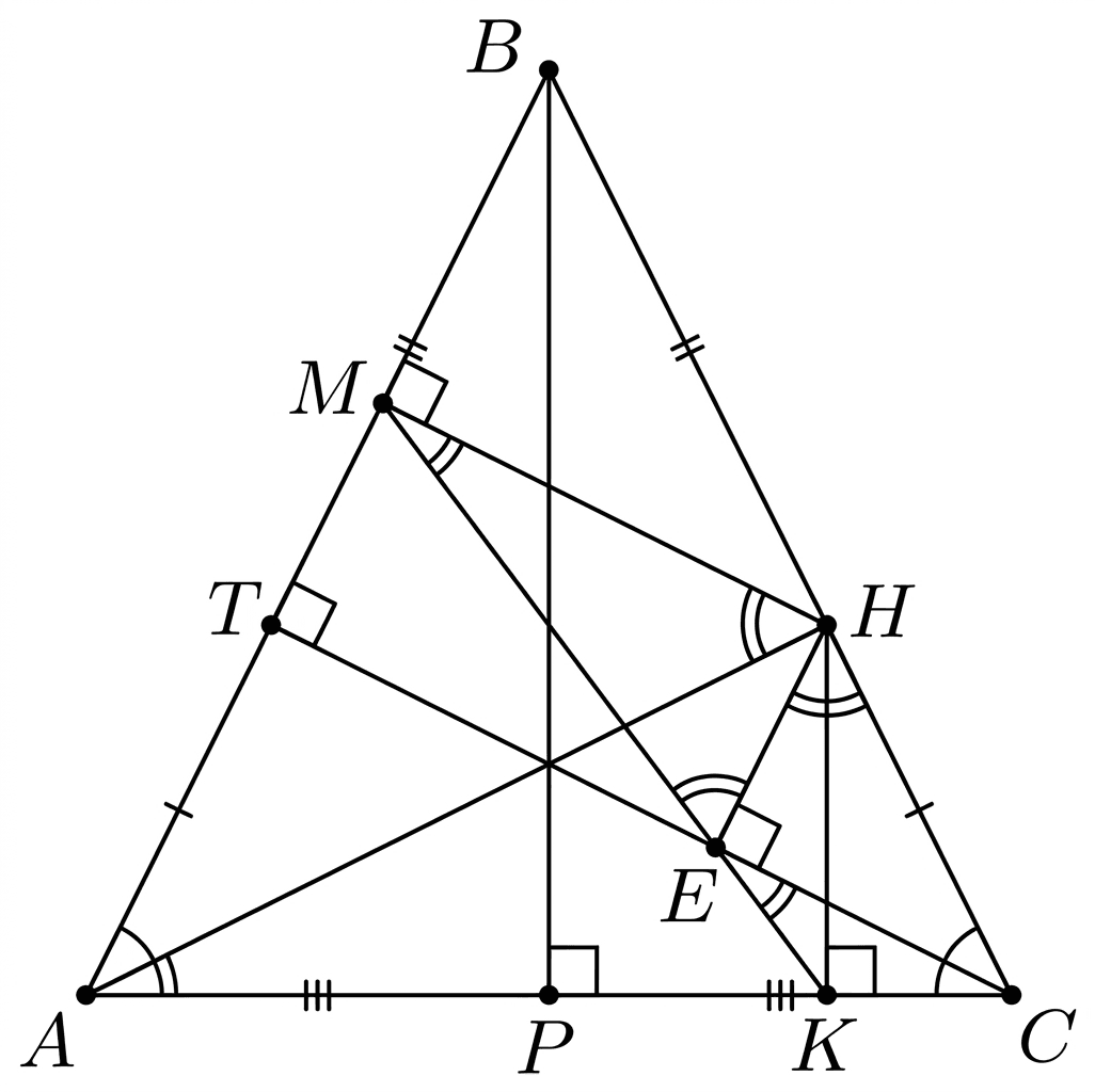 Чертёж к №17.2 (п. б): высота-медиана BP, AB=BC, AB=13, AC=10; HE = TM = 5950/2197.