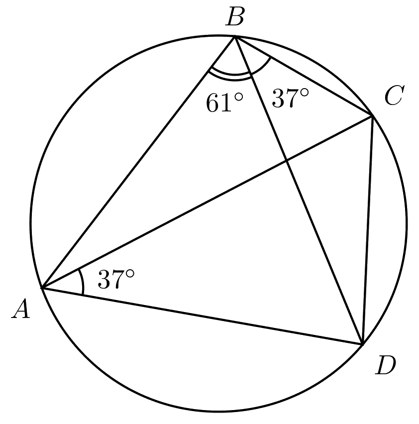 Решение №1: вписанный четырёхугольник ABCD; вписанные углы ∠ABD=61°, ∠DBC=37° и ∠CAD=37° (опираются на дугу CD), поэтому ∠ABC=98°.